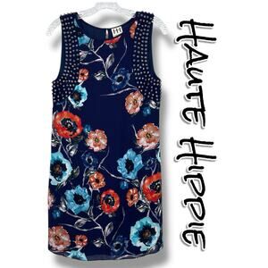 NWOT Haute Hippie Floral Studded Spike Silk Shift Mini Dress Blue Womens Size XS
